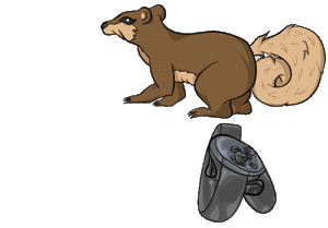 Animated digital colored drawing of a squirrel who is standing, followed by quickly jetsoning forward with a jet pack on his back. Below, two oculus rift controllers move to show the changes in movement by the squirrel, with pink colored buttons to indicate held buttons during this gesture.