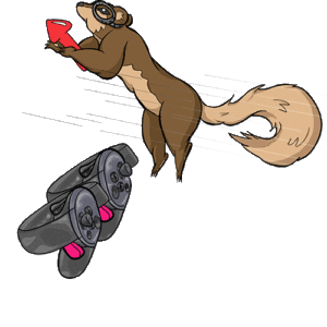 Animated digital colored drawing of a squirrel who is wearing goggles and flying through the air with an arrow between his paws, which is changing color depending on his motion relative to the air stream lines from green to red. Below, two oculus rift controllers move to show the changes in movement by the squirrel, with pink colored buttons to indicate held buttons during this gesture.