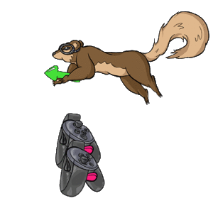 Animated digital colored drawing of a squirrel with goggles moving through the air, holding a green arrow between its paws. Below it, two oculus rift controllers move to show the changes in movement by the squirrel, with pink colored buttons to indicate held buttons during this gesture.