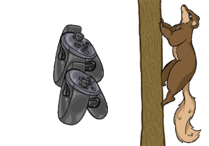 Animated digital colored drawing of a squirrel who is positioned vertically on a tree, climbing up it. To the side, two oculus rift controllers move to show the changes in movement by the squirrel, with pink colored buttons to indicate held buttons during this gesture.