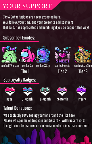 A graphic for use as a Twitch channel about panel, which describes what various tiers and durations of support to the channel provide the user, including emotes and badges.