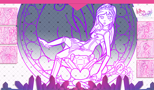 Digital image of a mousepad's design that is Swear Studios themed. It has several crystal clusters along the bottom, and a digital drawing of a magical girl sitting in a stained glass window in the center. The backdrop is the Swear tufted design, and various images of the magical girl are in highlight boxes along the left and right sides. The Swear studios logo is visible in the upper right.