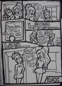 An inked sketch of a comic showcasing use of a safety app. Two young women take a photo in the evening, and the first says "Nice photo Jess! Ready to go?" as Jess says "One Sec..." and clicks the "Yes" button on an app screen that says "Photo Saved. Update as "Last Seen?"" There is then text saying "Later...." with Jess's friend saying "I can't believe she's missing...." and an officer saying "Calm down miss. Do you remember what she wore?" Jess's friend says "No I...wait! She had a safety app! It stores her photos and we took one before we left!" The next panel says "Later..." and below shows Jess's friend crying while saying "Jess! You're back!". Jess says "Yup! Someone saw me and recognized the last seen photo from my app!". Jess's friend says "I'm so glad. Thank goodness you're safe!" and the comic says "End!"