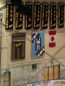 The designed banner for Winter Carnival 2014 displayed in the McInnes Ice Arena at Michigan Tech. It is shown on a wall above the rink, under the champion banners and flanked by the Winter Carnival Champion banner and a Canadian flag.