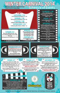 Poster design describing the events for Winter Carnival 2014. The posters elements evoke the theme of films, with various events placed in TV screens, a curtained screen, a film reel, movie tickets, a director's board, and VHS tape labels. The colors are limited to the color palette used in the logo.