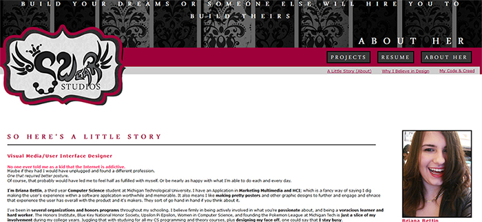 Screenshot of the first version of the Swear Studios website. The site features a much more "crafty" aesthetic with a raspberry burgundy accent versus true pink. The logo is outlined and contained within an embellished tag-style box, and the top of the site has a grey and black striped baroque filigree pattern with the text "Build Your Dreams or Someone Else Will Hire You to Build Theirs" above it.