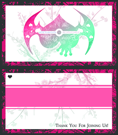 Graphic design of a wedding guest name placecard to be folded down the center. It features a charcoal and pink border with charcoal branches extending through the pink border. The white space on both sides has a teal to pink gradiated cherry blossom branch through it. The front features the back features the wedding logo. The front features a colored band for adding a guest's name to, with a small heart in the upper left. In the lower right, it says "Thank You For Joining Us!"