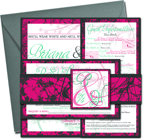 Design mockup of a wedding invitation bundle. The bundle features a square wedding invite, a vertical guest information sheet, and a horizontal RSVP card. The bundle is wrapped with a matching paper ribbon that is charcoal and pink with charcoal branches in the Pink area. A paper buckle seals the ribbon which features the letters B & N and "2014" over the pink to teal cherry blossom backdrop. The bundle is shown with a grey envelope.