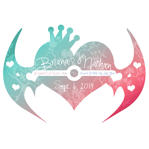 Graphic of a wedding logo, which is in the shape of a heart that has a crown on it and bat wings extended from either side. The heart is a teal to pink gradient, with branches faded across it that look similar to marble streaks. In the center of the heart is a band and button similar to a pokeball from Pokemon, with the text "It Started Out with a Kiss How Did it End Up Like This?" in the band. Tiny hearts are cut out into the wings. Above the band it says "Briana and Nathan" and below the band it says "Sept. 6, 2014"