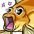 Colored digital drawing for an emote of a goldfish with its mouth wide open in the "pog" expression. Its eyes are shaped like hearts and sparkles are emitting from its head.