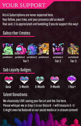 A graphic for use as a channel's about panel, which describes what various tiers and durations of support to the channel provide the user, including emotes and badges.